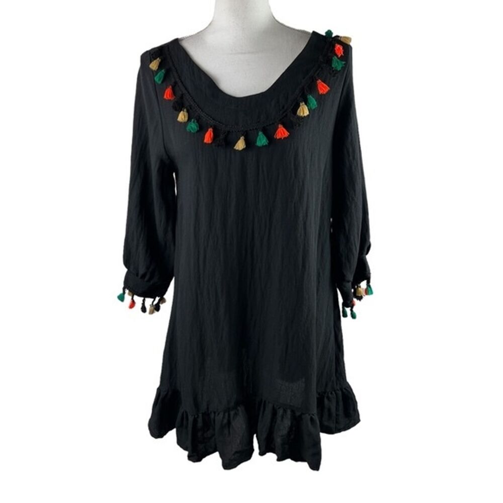 a Shappe Black Boho Tunic Top Blouse Small/Medium Tassels Green Fall Festival